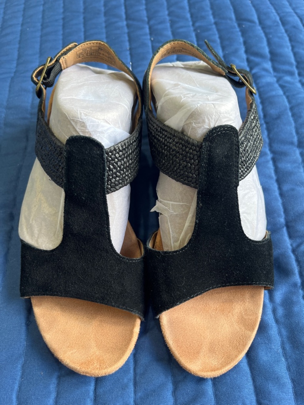 Vionic Black Suede T-Strap Sandals with Tan Footbed